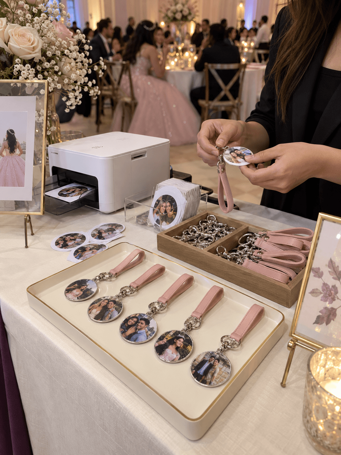 Personalized round photo keychains with pink leather straps displayed